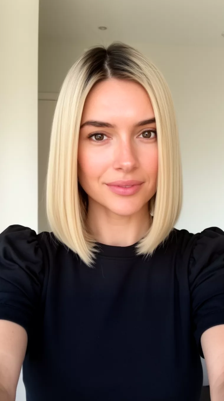 selfie of a 34-year-old woman wearing a black puff-sleeve top with a sleek straight chin-length blonde bob hairstyle and darker roots, minimal background