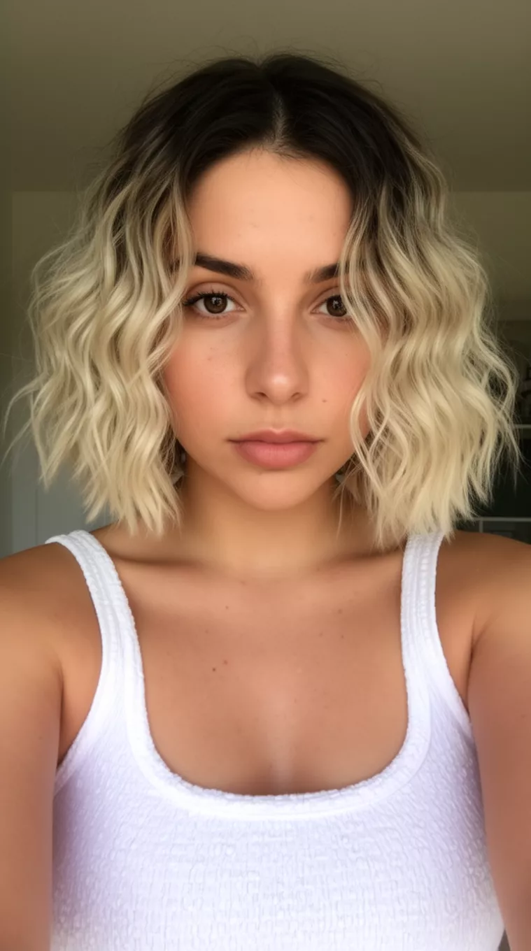 selfie of a 29-year-old woman wearing a white tank top with a textured wavy medium-length bob hairstyle with dark roots and blonde ends, minimal background