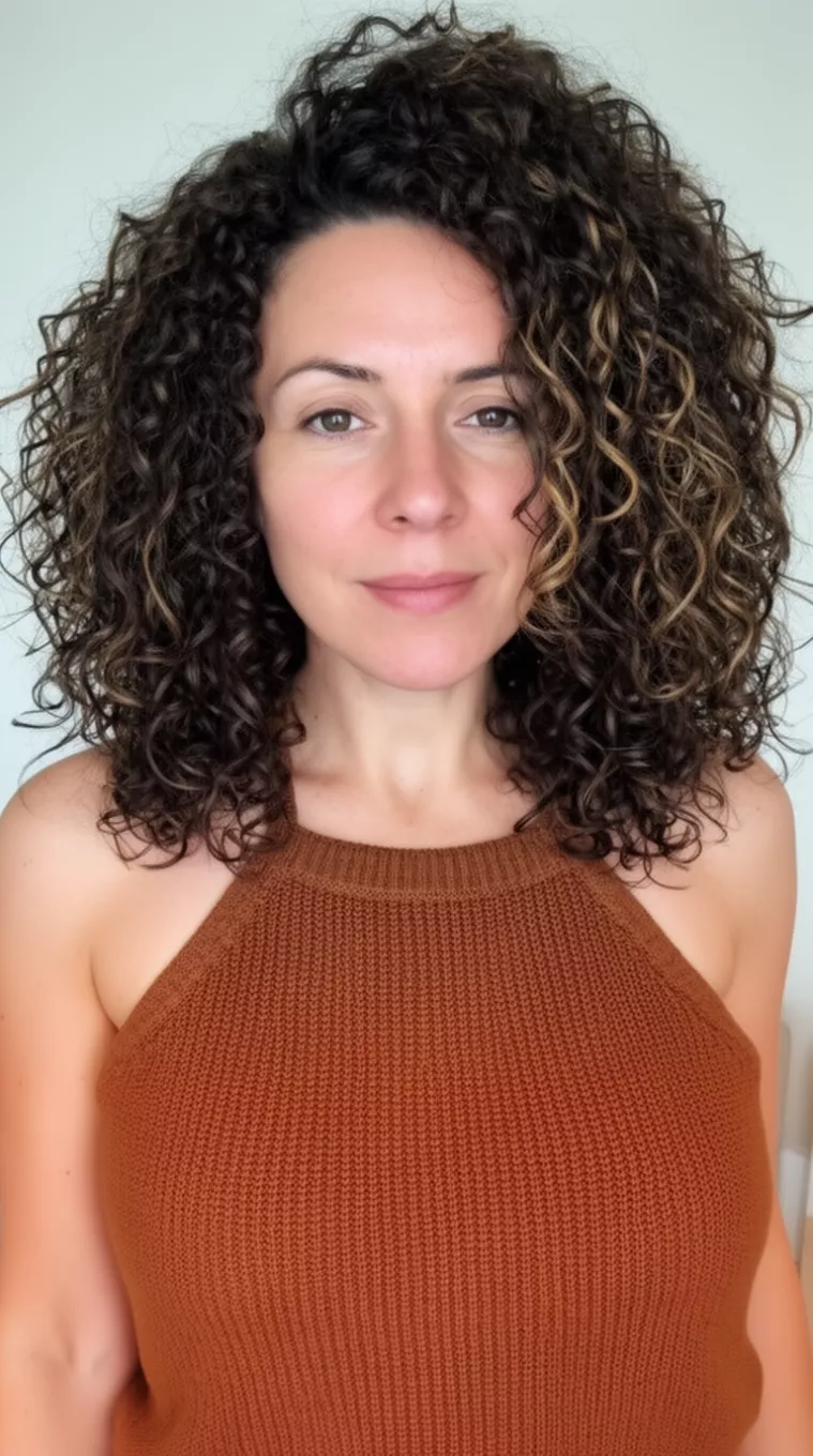 casual close-up photo of a 35-year-old woman wearing a brown knit halter top with a voluminous medium-length dark brown curly hair with highlights hairstyle, minimal background