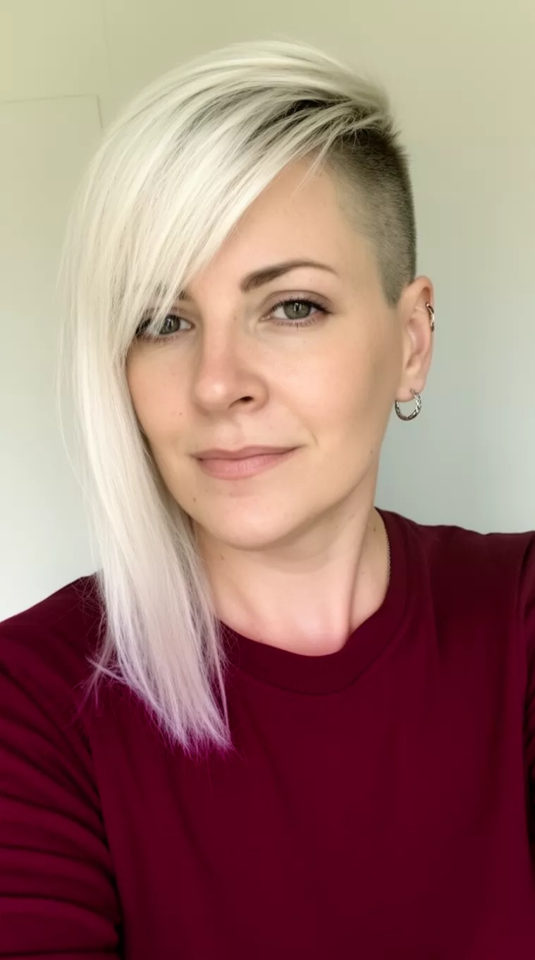 casual close-up photo of a 37-year-old woman wearing a maroon top with a platinum blonde undercut pixie hairstyle and long side fringe, minimal background