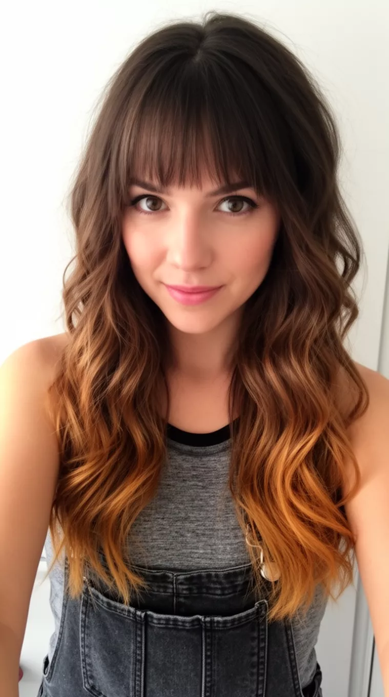 selfie of a 27-year-old woman wearing a gray and black tank top and overalls with a long layered wavy brown hair with caramel ends and bangs hairstyle, minimal background
