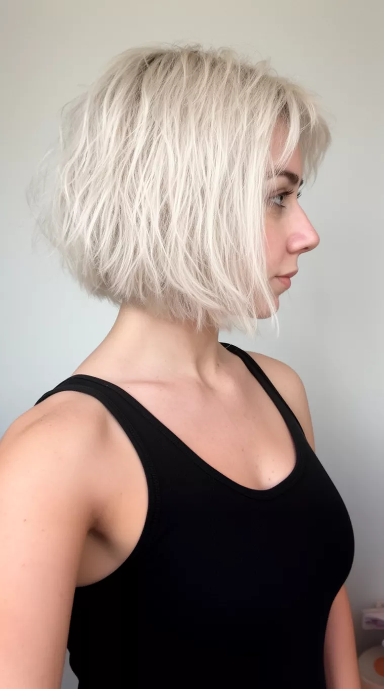 selfie of a 32-year-old woman wearing a black tank top with a short textured pale blonde bob hairstyle, side view, minimal background