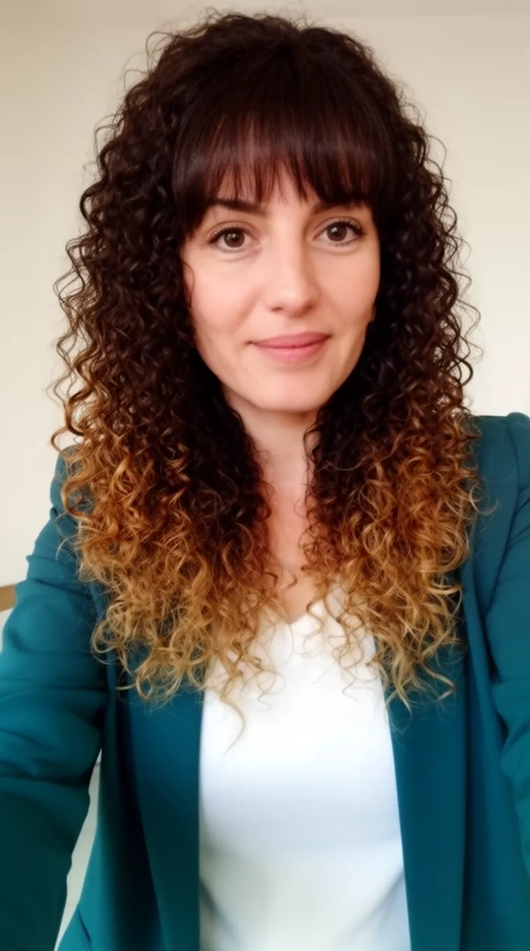 selfie of a 35-year-old woman wearing a white top and dark teal blazer with a long dark brown curly hair with lighter ends and bangs hairstyle, minimal background