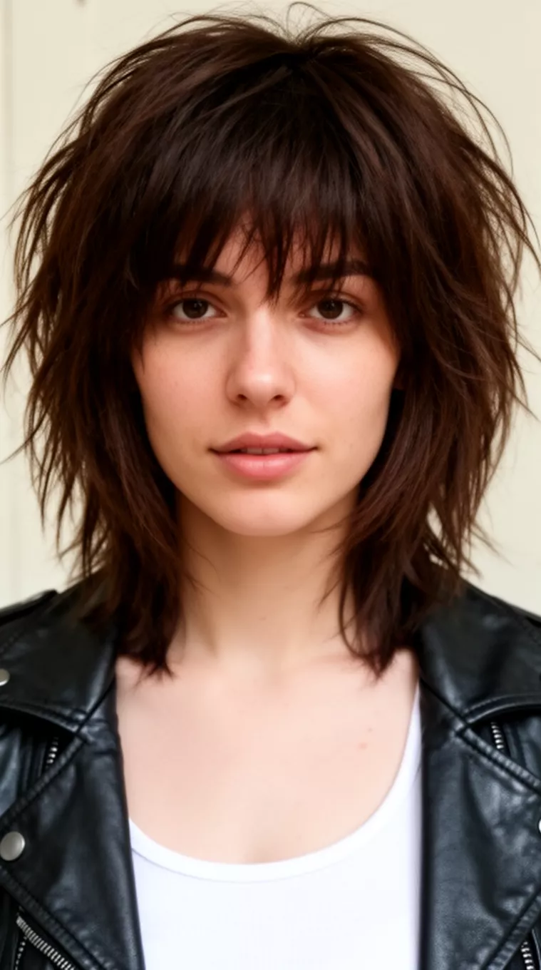 casual close-up photo of a 26-year-old woman wearing a white tank top and black leather jacket with a messy layered medium-length dark brown shag hairstyle, minimal background