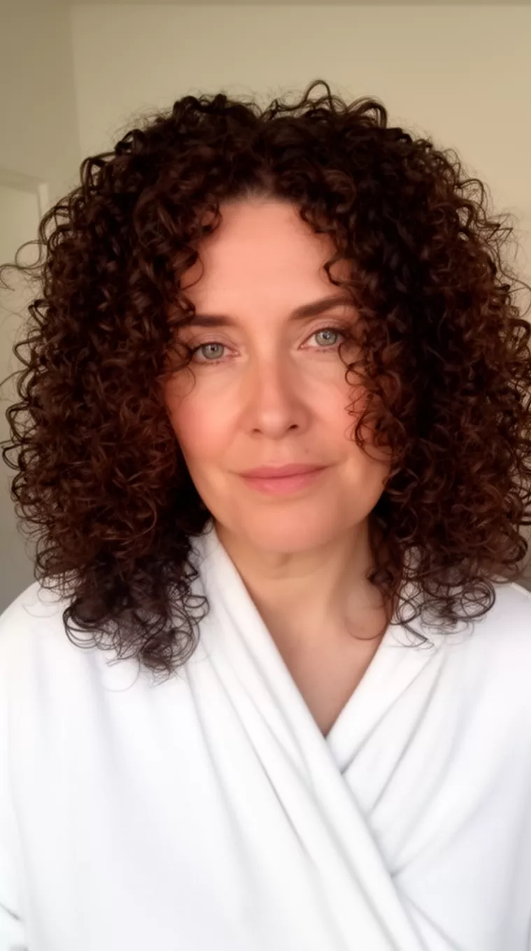 casual close-up photo of a 42-year-old woman wearing a white wrap with a dark brown voluminous curly hair medium-length hairstyle, minimal background