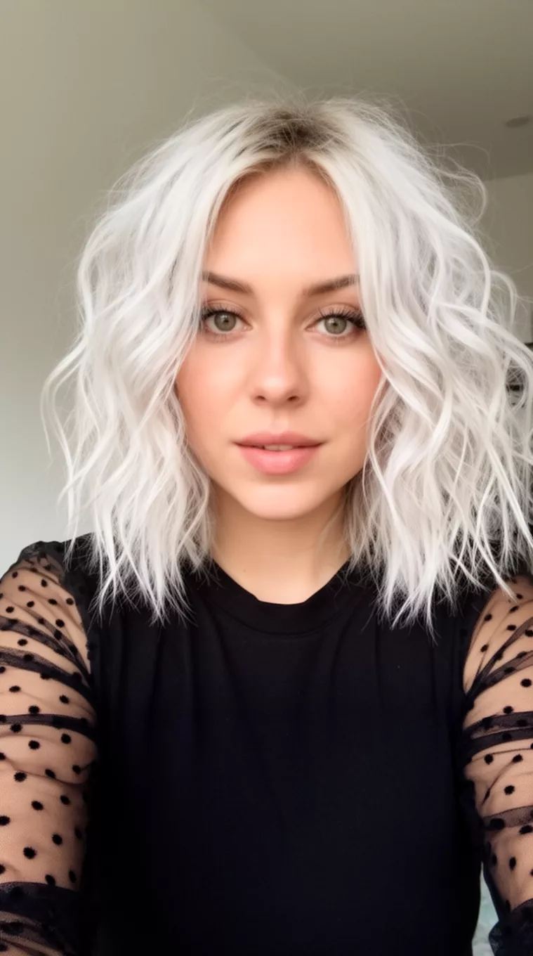 selfie of a 31-year-old woman wearing a black top with sheer polka-dotted sleeves with a platinum blonde messy wavy bob hairstyle, minimal background