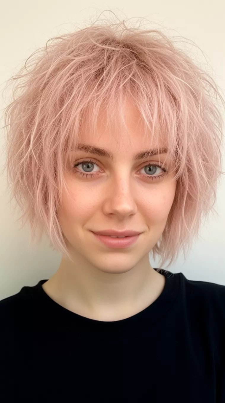 casual close-up photo of a 26-year-old woman wearing a black top with a messy textured short bob hairstyle in a pale rosy blonde tone, minimal background