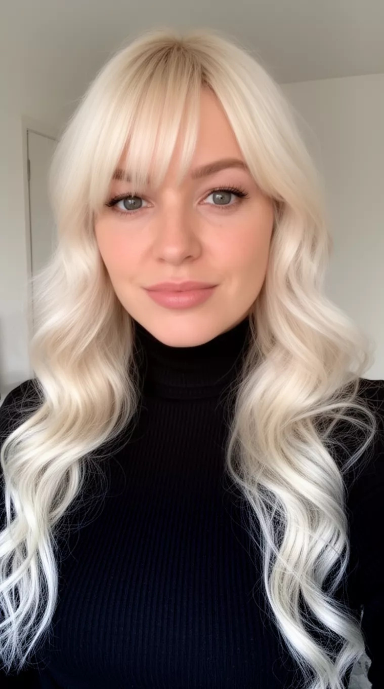 selfie of a 30-year-old woman wearing a black ribbed turtleneck top with a long wavy platinum blonde hair and side-parted bangs hairstyle, minimal background
