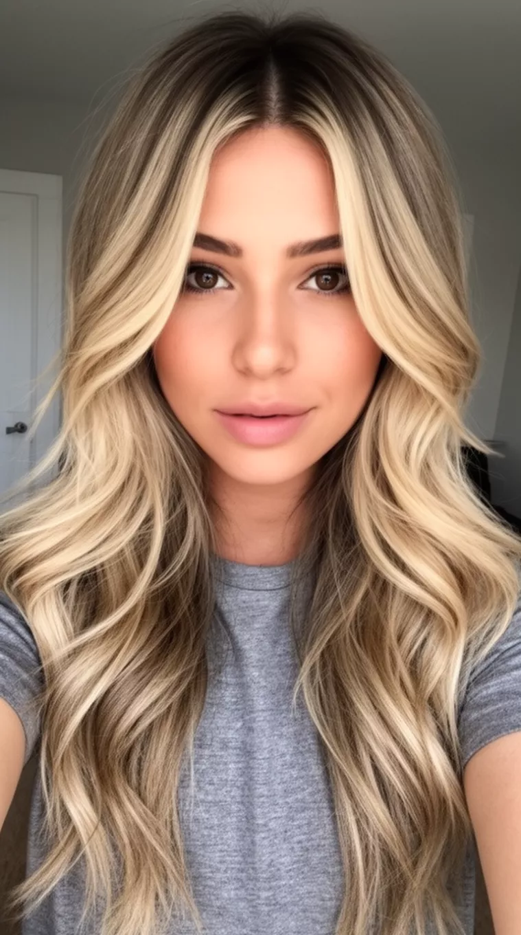 selfie of a 29-year-old woman wearing a grey t-shirt with a long layered wavy blonde hair and face-framing highlights hairstyle, minimal background