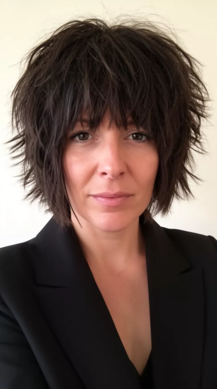 casual close-up photo of a 39-year-old woman wearing a black blazer with a dark voluminous layered choppy shag hairstyle, minimal background
