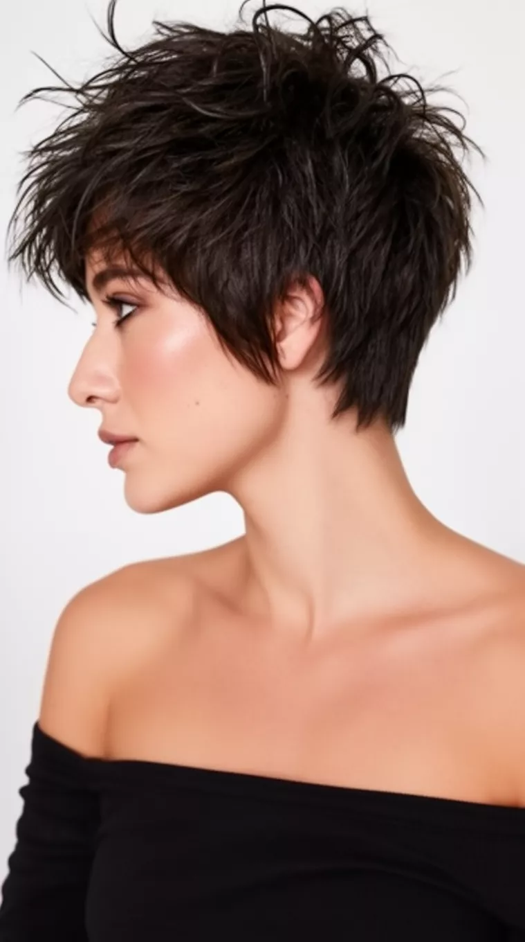 casual close-up photo of a 31-year-old woman wearing a black off-the-shoulder top with a dark messy voluminous short pixie hairstyle, profile view, minimal background