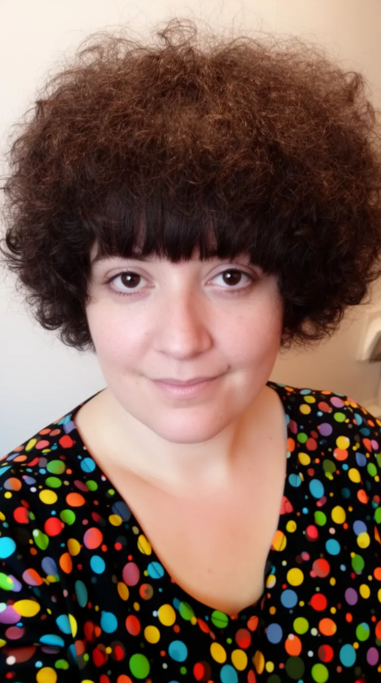casual close-up photo of a 31-year-old woman wearing a black and colorful polka-dot top with a very short dense dark brown afro-textured hairstyle with bangs, minimal background