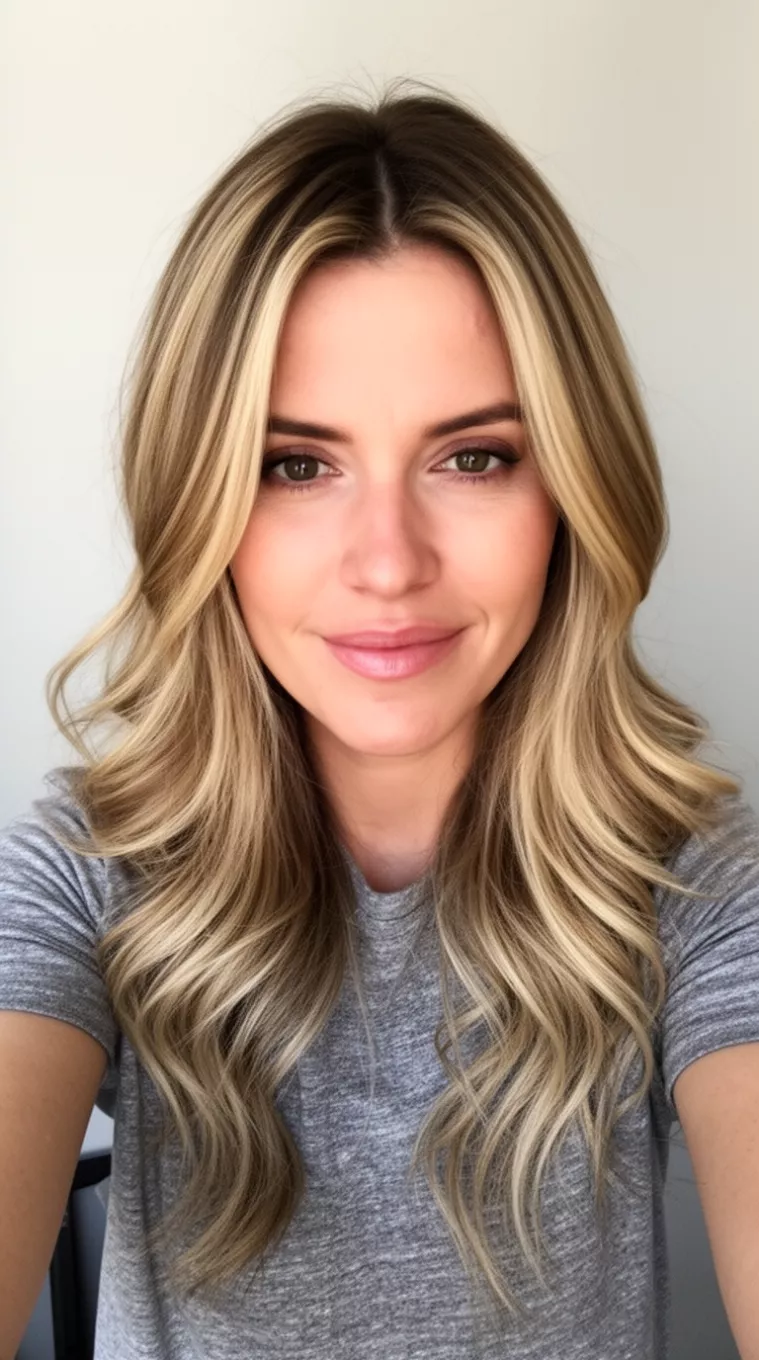 selfie of a 36-year-old woman wearing a grey t-shirt with a long layered wavy blonde hair and face-framing highlights hairstyle, minimal background