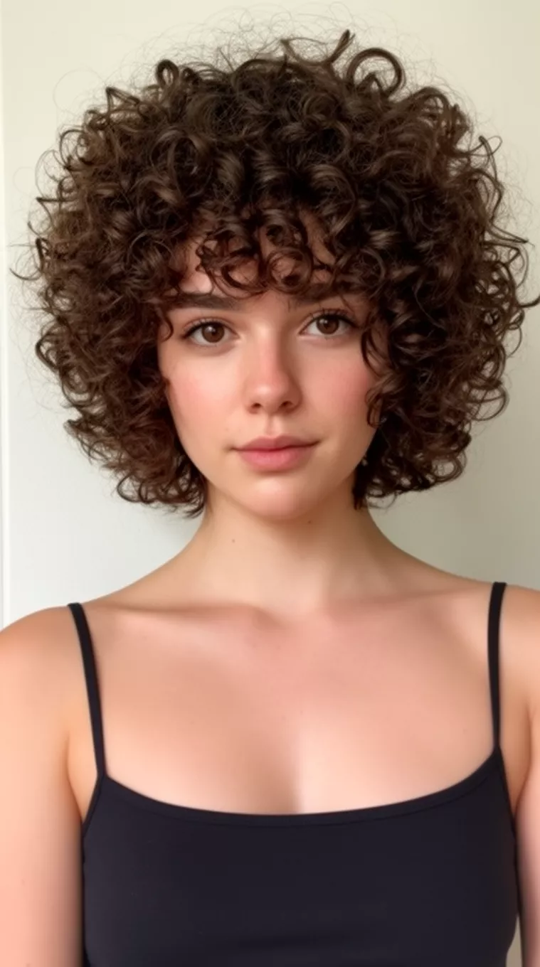 casual close-up photo of a 27-year-old woman wearing a black spaghetti strap top with a very voluminous short dark brown curly hair with curly bangs hairstyle, minimal background