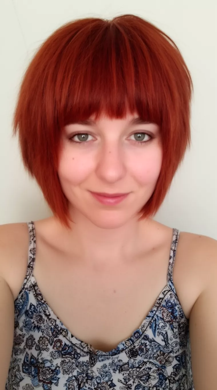 casual close-up photo of a 33-year-old woman wearing a patterned camisole top with a short piecey reddish-brown hair and short bangs hairstyle, minimal background
