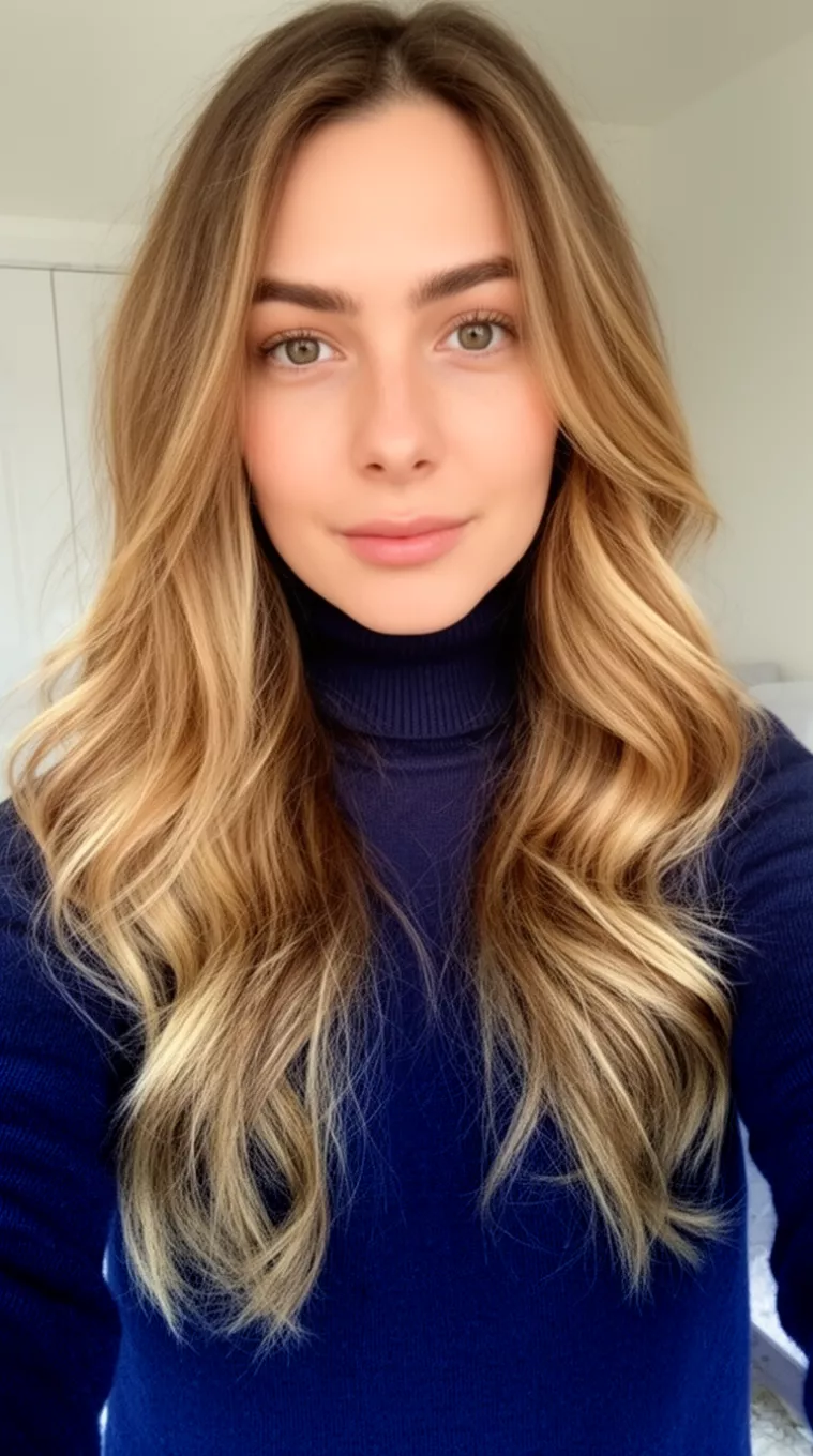 selfie of a 27-year-old woman wearing a navy blue turtleneck sweater with a long layered wavy light brown hair with blonde highlights hairstyle, minimal background