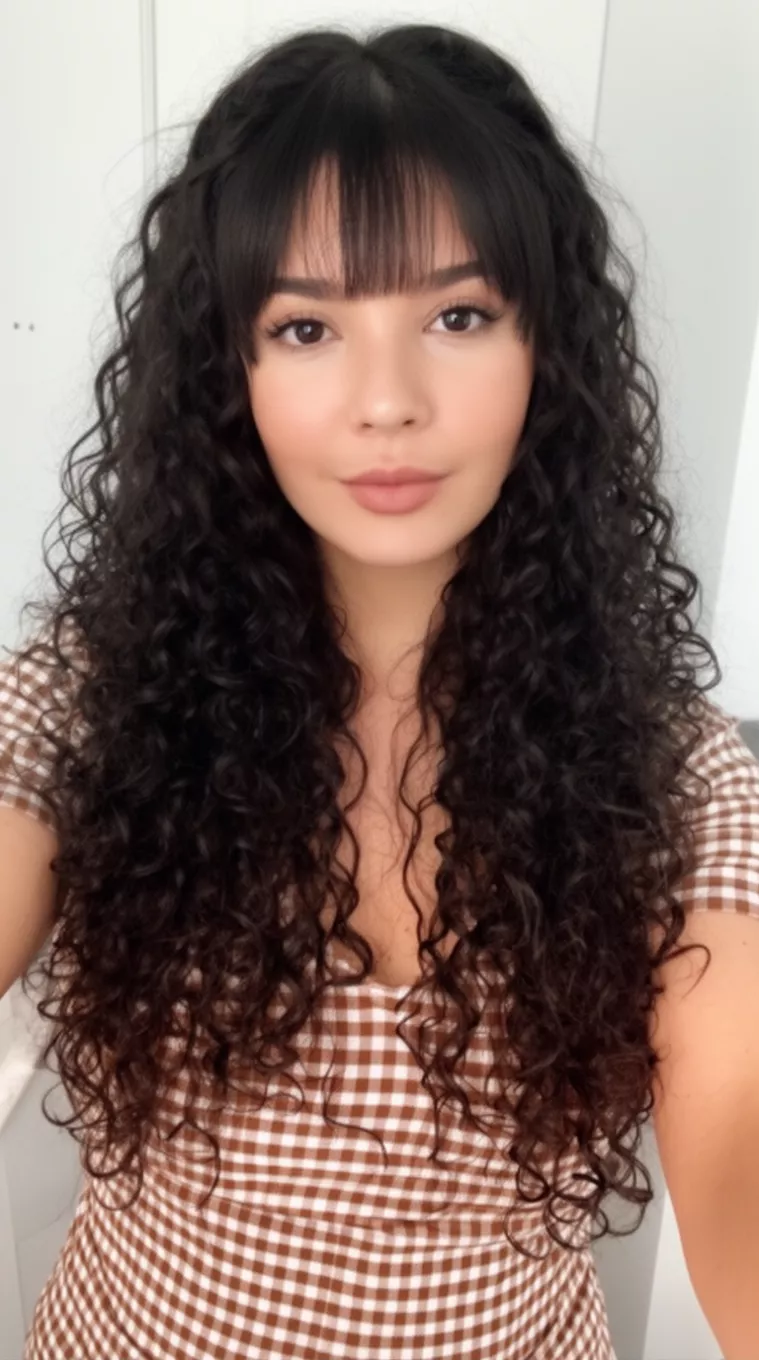 selfie of a 30-year-old woman wearing a brown and white checkered top with a long dark voluminous curly hair with bangs hairstyle, minimal background