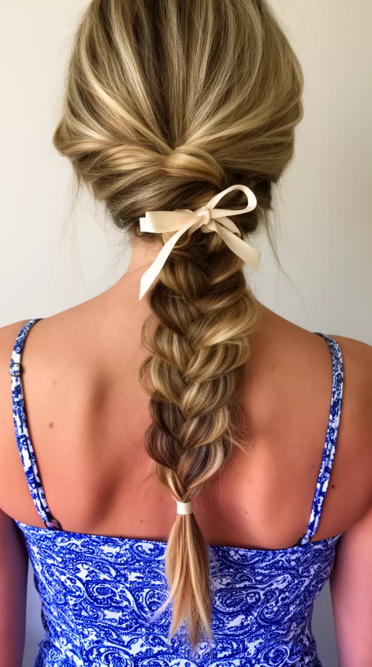 casual close-up photo of a 37-year-old woman wearing a blue and white patterned slip top with blonde hair featuring highlights styled into a loose voluminous braid incorporated with a light-colored ribbon, back view, minimal background