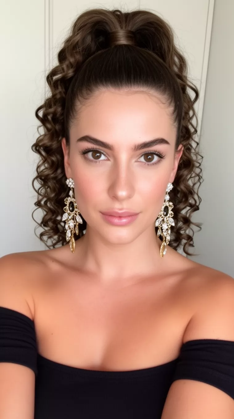 selfie of a 27-year-old woman wearing an off-the-shoulder top and elaborate earrings with sleek dark brown hair pulled into a high curly ponytail, minimal background