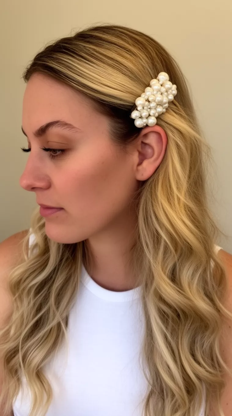 casual close-up photo of a 28-year-old woman wearing a white top with long wavy blonde hair and a bright pearl barrette securing the side section behind her ear, side view, minimal background