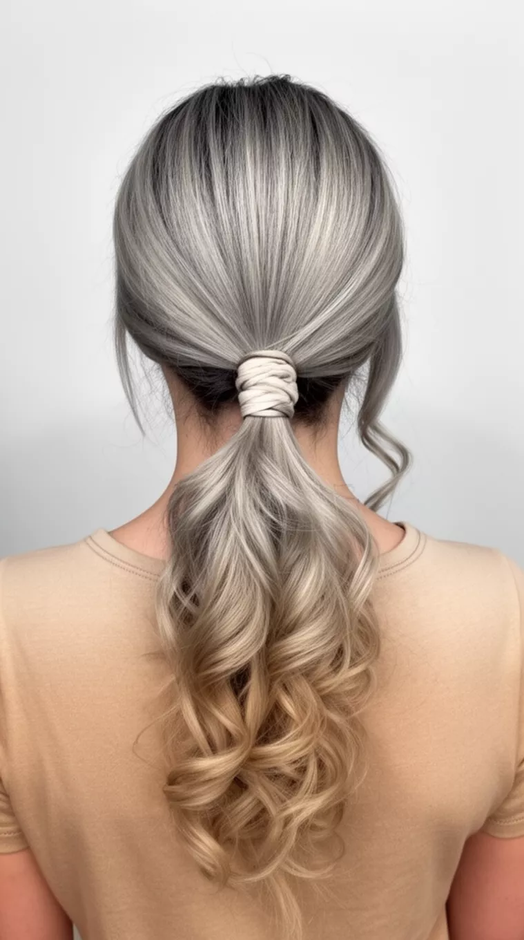casual close-up photo of a 30-year-old woman wearing a beige top with ash-toned blonde hair styled into a high ponytail with a voluminous curled tail secured with a hair wrap detail, back view, minimal background