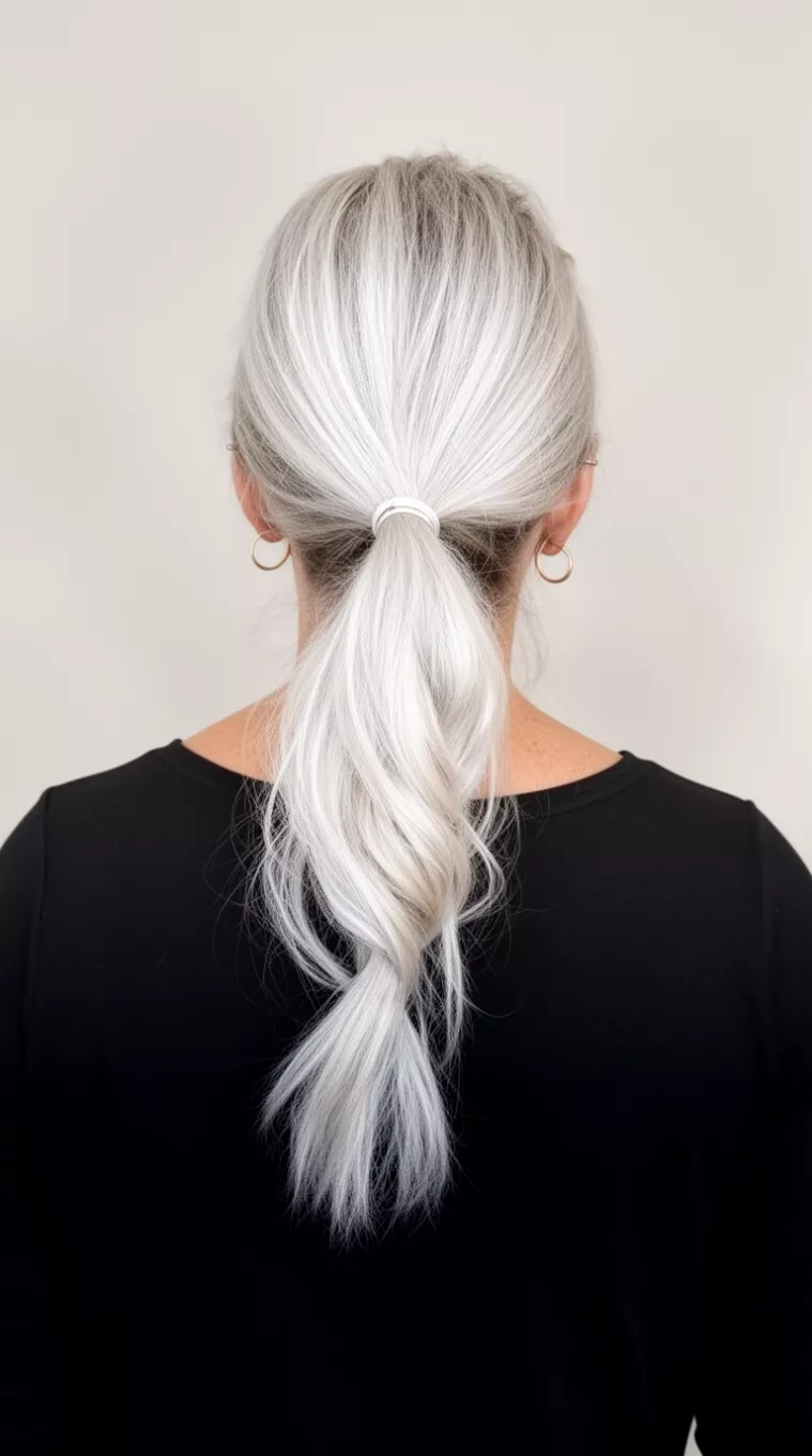 casual close-up photo of a 40-year-old woman wearing a black long-sleeved top with bright platinum blonde hair styled in a low twisted ponytail, back view, minimal background
