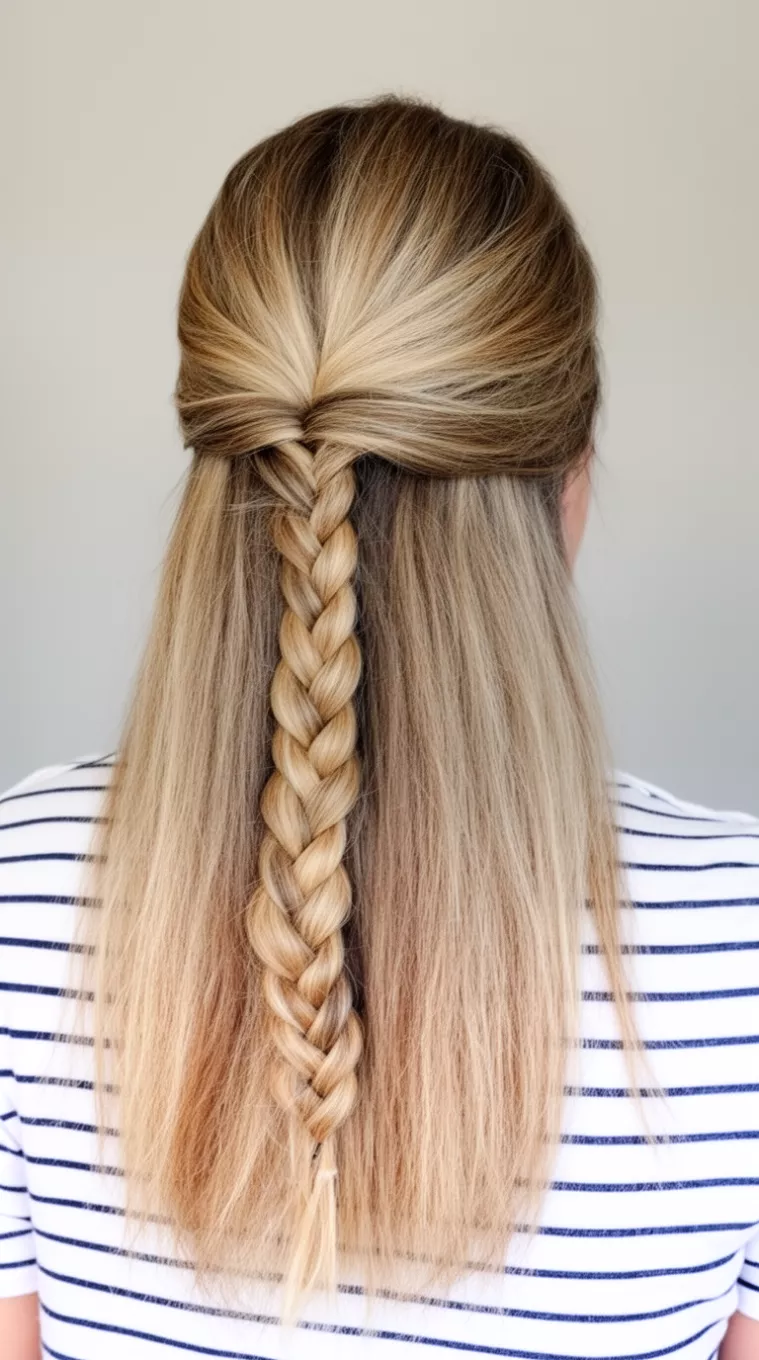 casual close-up photo of a 42-year-old woman wearing a white and striped top with long blonde hair styled in a half-up style with a thick prominent pull-through braid, back view, minimal background