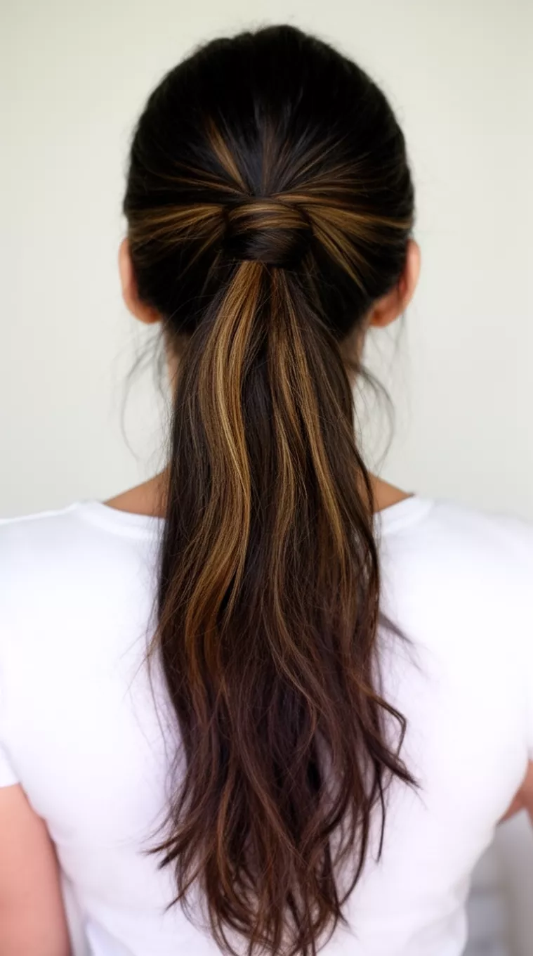casual close-up photo of a 31-year-old woman wearing a white top with long dark brown hair with subtle highlights styled in a high artfully twisted ponytail with loose ends, back view, minimal background