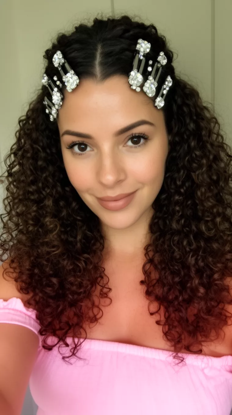 selfie of a 32-year-old woman wearing a light pink off-the-shoulder top with voluminous dark brown curly hair styled partially pulled back with multiple rhinestone bobby pins along her hairline, minimal background