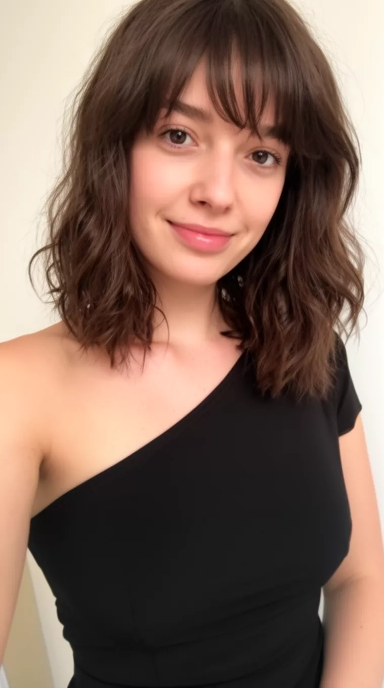 casual close-up photo of a 29-year-old woman wearing a black one-shoulder dress with dark brown medium-length slightly wavy hair with soft bangs, minimal background