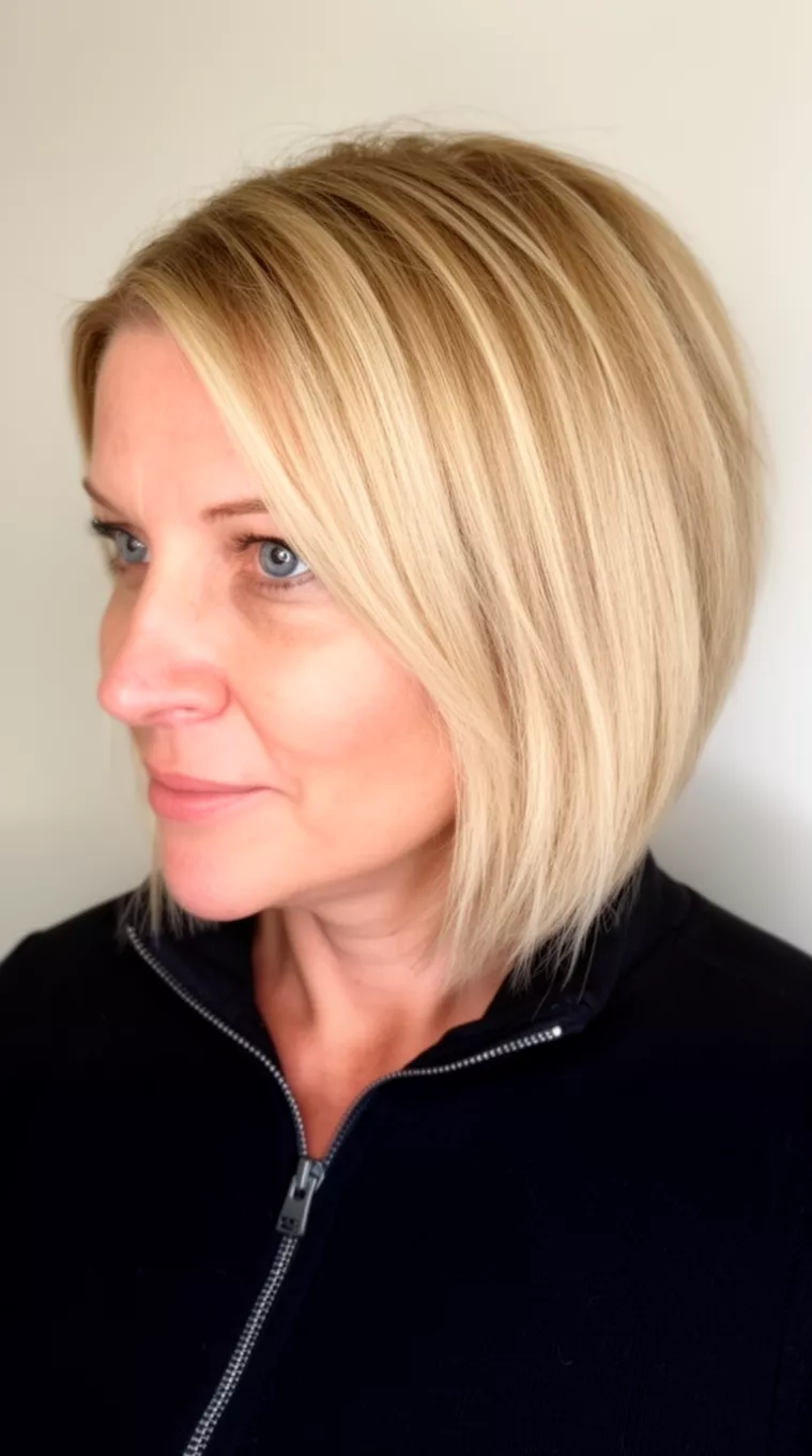 casual close-up photo of a 37-year-old woman wearing a black zip-up top with a side-parted, angled blonde bob hairstyle, side view, minimal background