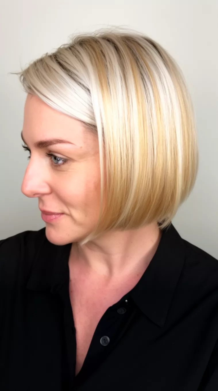 casual close-up photo of a 39-year-old woman wearing a black collared top with a super sleek, platinum blonde to light gold inverted bob hairstyle, side view, minimal background