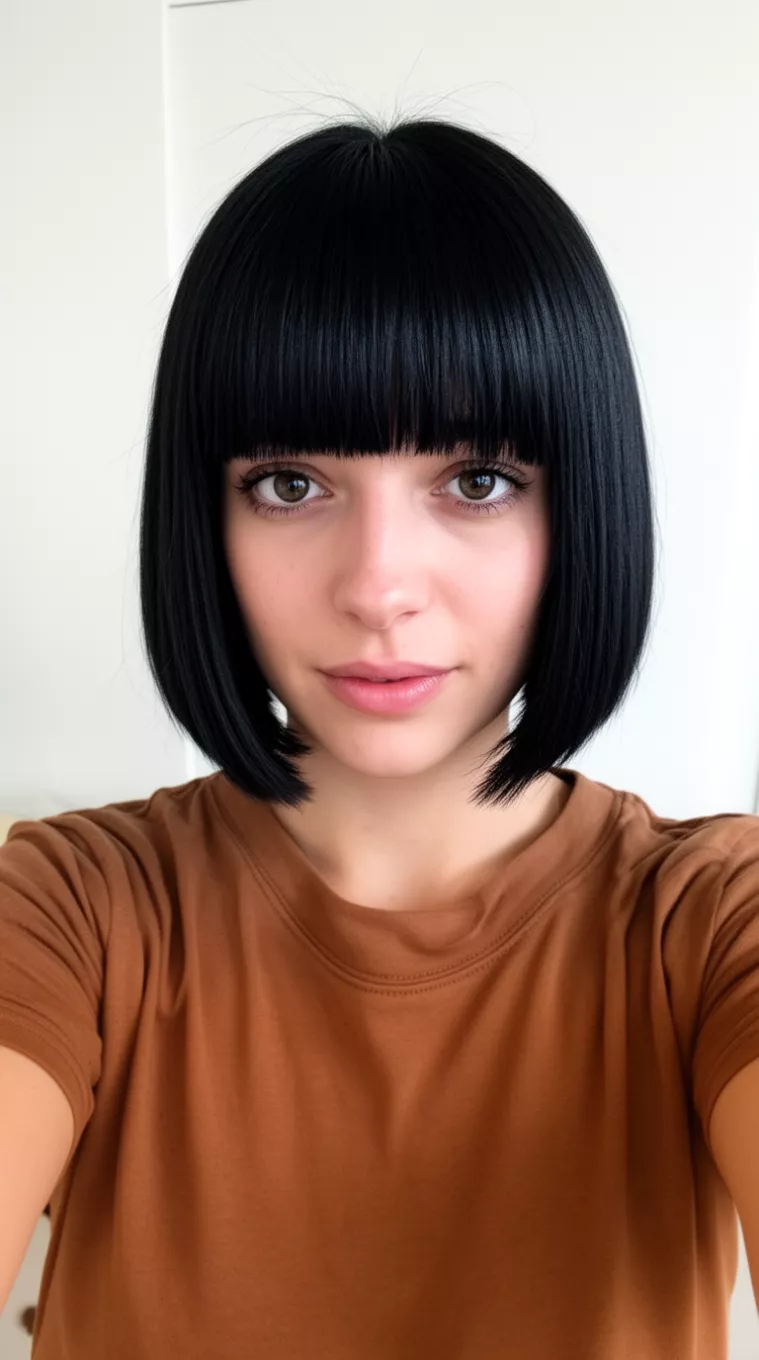 selfie of a 27-year-old woman wearing a brown t-shirt with a very sharp, straight black chin-length bob hairstyle, minimal background
