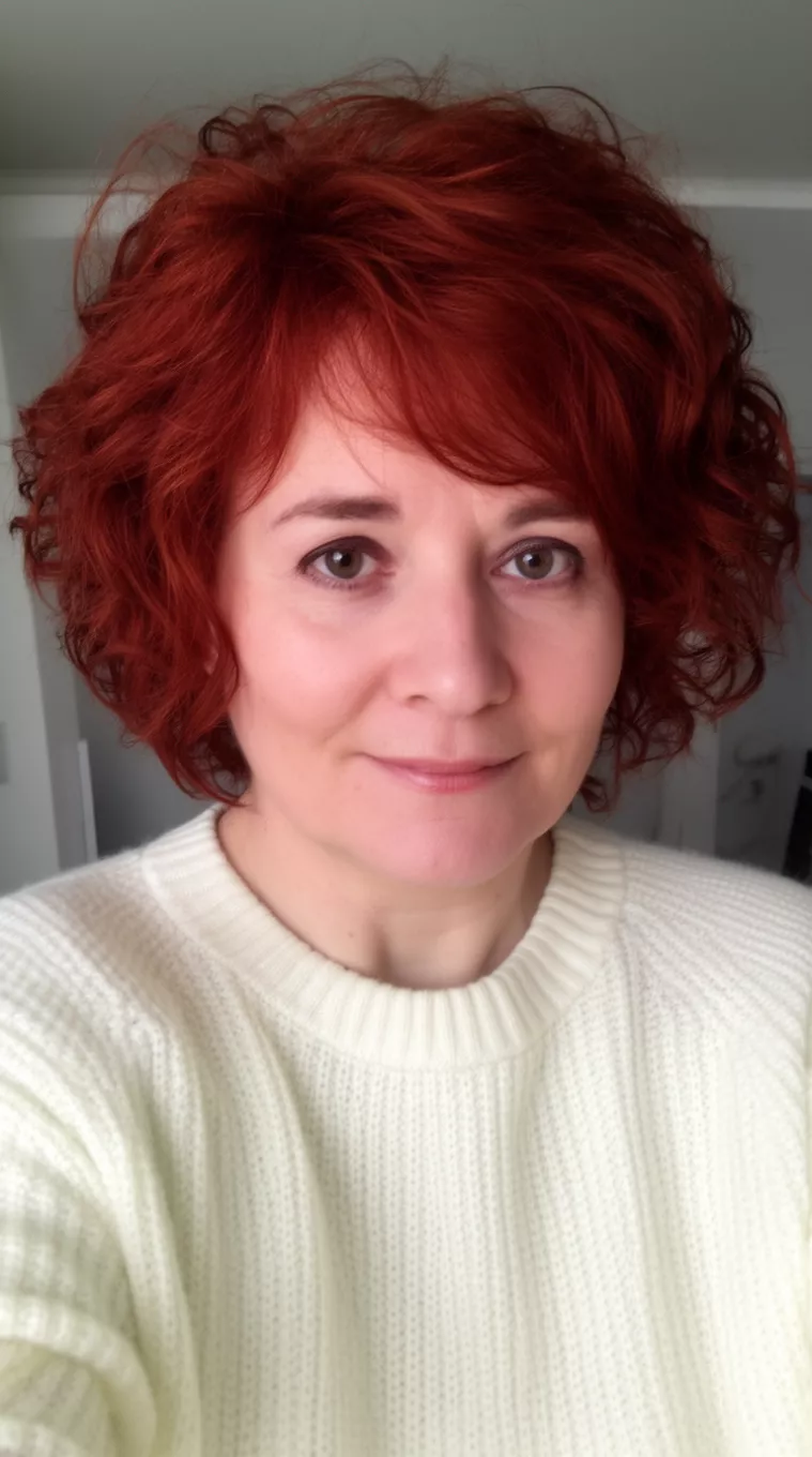 selfie of a 44-year-old woman wearing a cream-colored sweater with reddish-brown wavy, textured short hair, minimal background