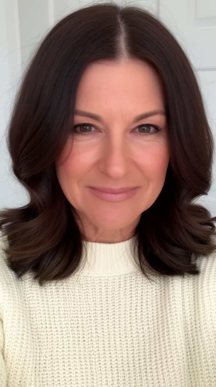 casual close-up photo of a 45-year-old woman wearing a cream-colored knit sweater with dark brown, softly waved lob and center part, minimal background