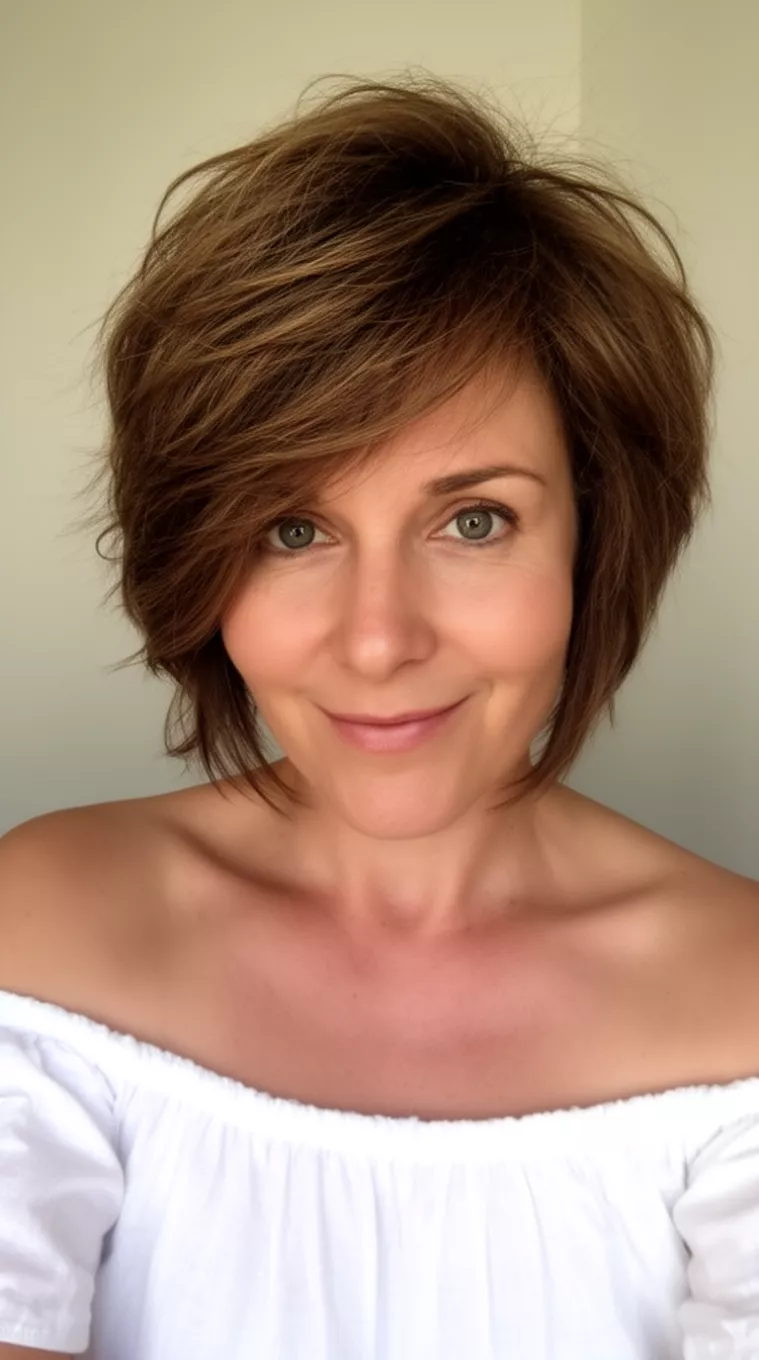 selfie of a 41-year-old woman wearing a white off-the-shoulder garment with a short, voluminous, layered brown bob with feathered texture, minimal background
