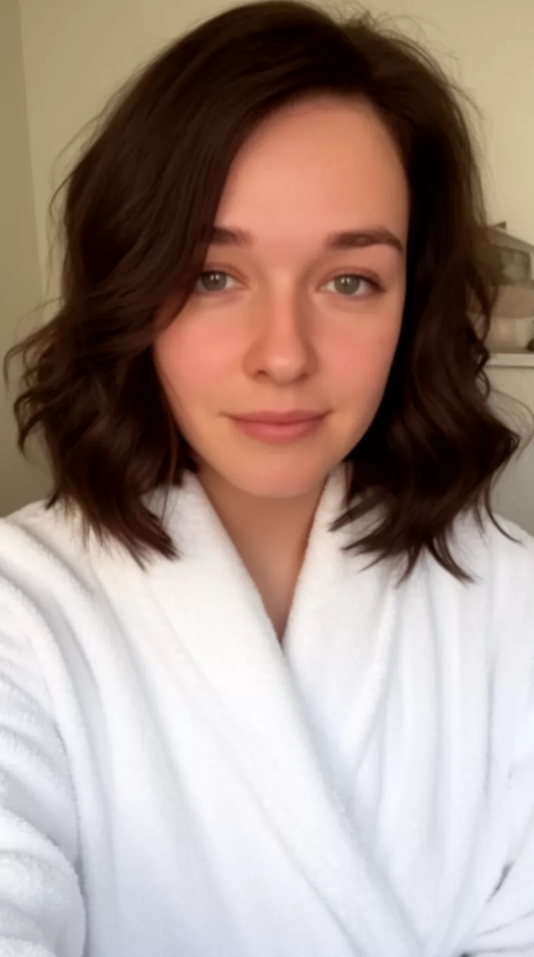 casual close-up photo of a 26-year-old woman wearing a white plush bathrobe with dark brown, wavy, chin-length hair styled off the face, minimal background