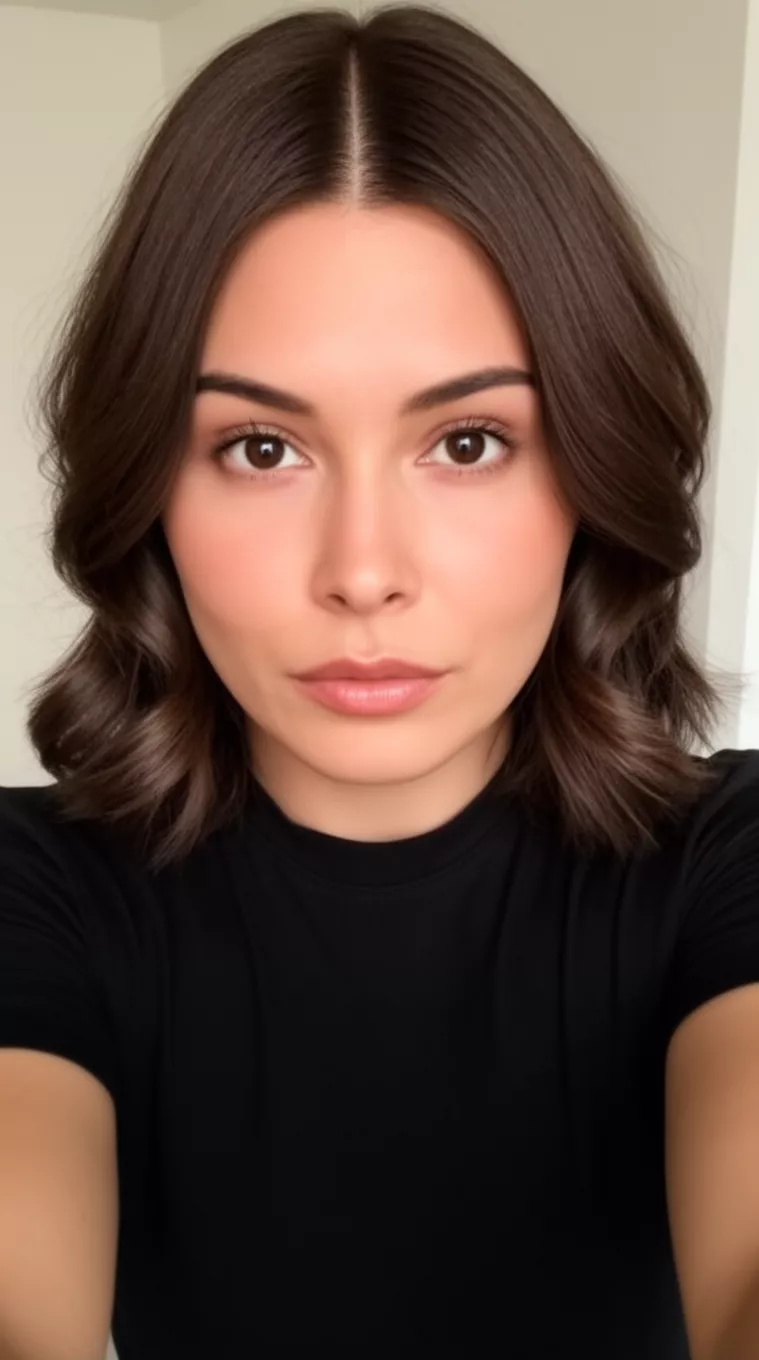 selfie of a 32-year-old woman wearing a black top with a sleek, dark brown, center-parted wavy bob, minimal background