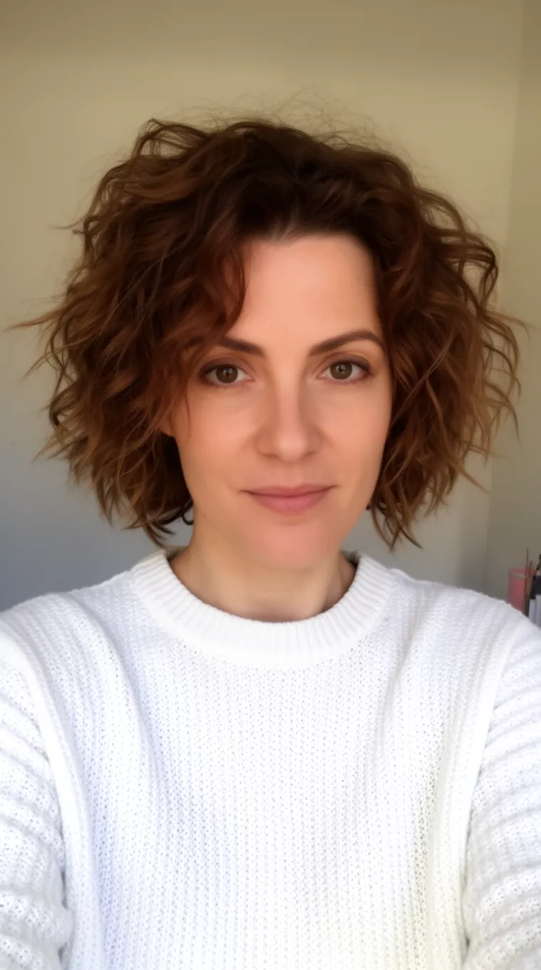 selfie of a 35-year-old woman wearing a white knit sweater with short, tousled, wavy brown hair, minimal background