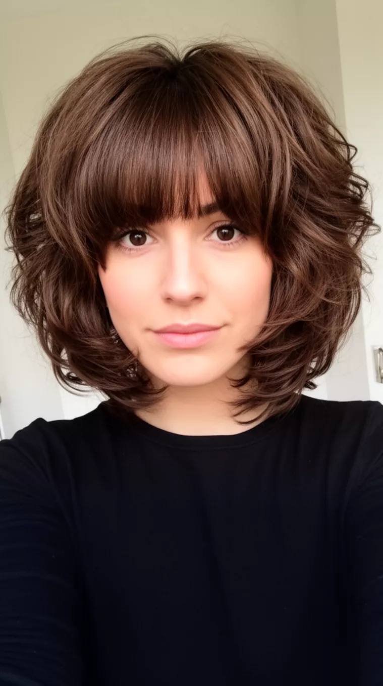 selfie of a 31-year-old woman wearing a black top with a voluminous, layered, dark brown bob with bangs, minimal background
