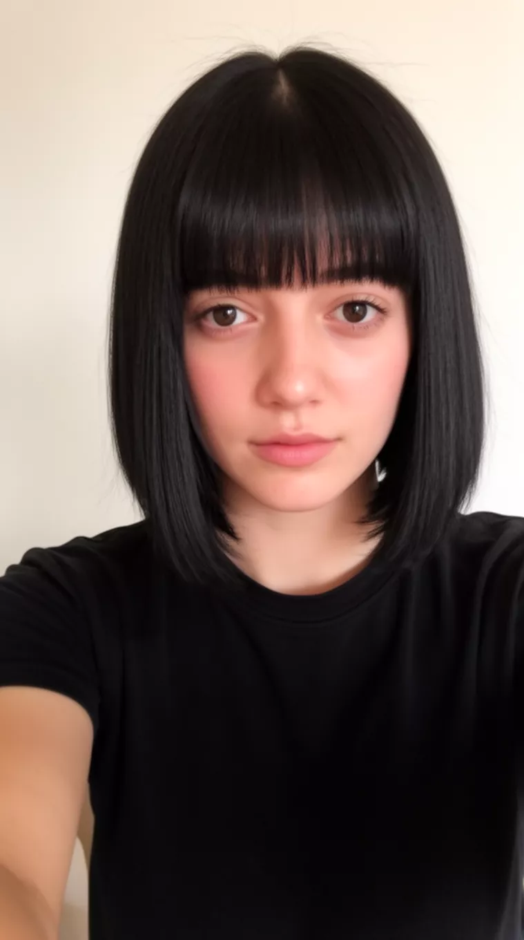 selfie of a 25-year-old woman wearing a black t-shirt with straight, blunt, chin-length black hair styled with a center part, minimal background