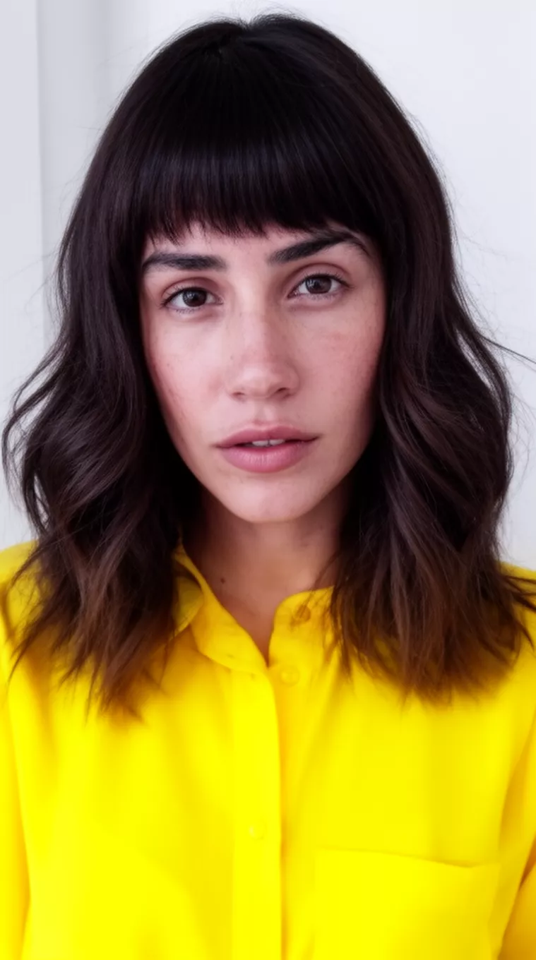 casual close-up photo of a 30-year-old woman wearing a bright yellow collared blouse with dark brown hair featuring medium-length soft waves and straight, piecey bangs, minimal background