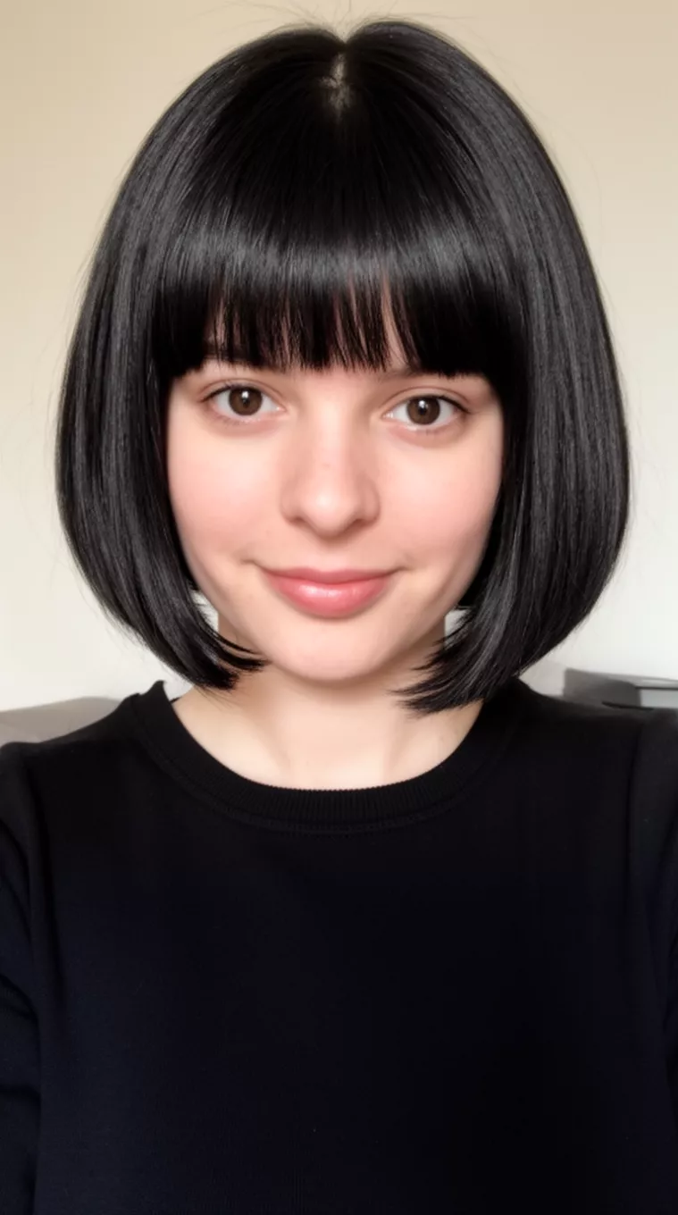 casual close-up photo of a 31-year-old woman wearing a black top with a sleek, straight black bob cut at the jawline, minimal background