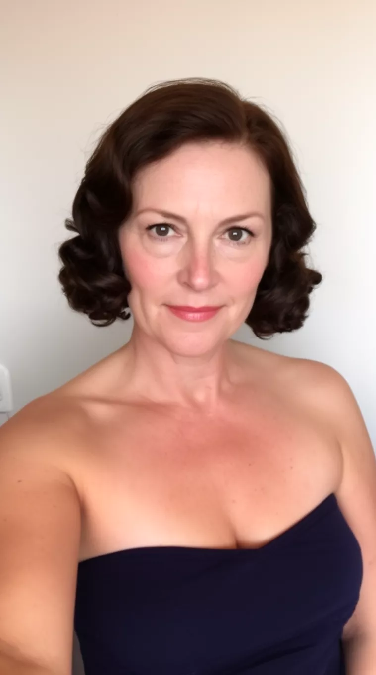 selfie of a 48-year-old woman wearing a dark strapless top with dark brown hair styled in 1940s-inspired soft waves in a bob, minimal background