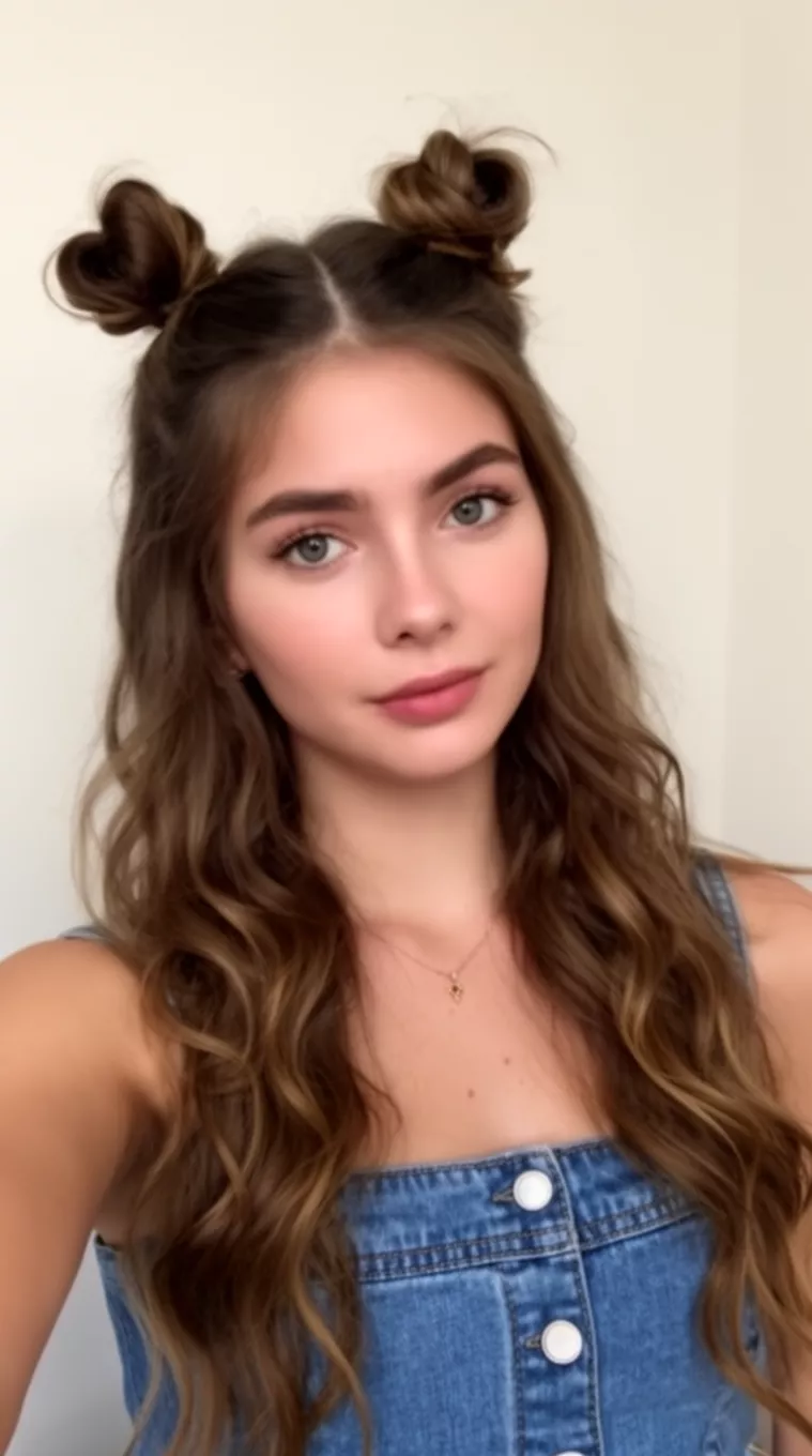 selfie of a 26-year-old woman wearing a denim top with two small half-up space buns and long wavy hair hairstyle, minimal background