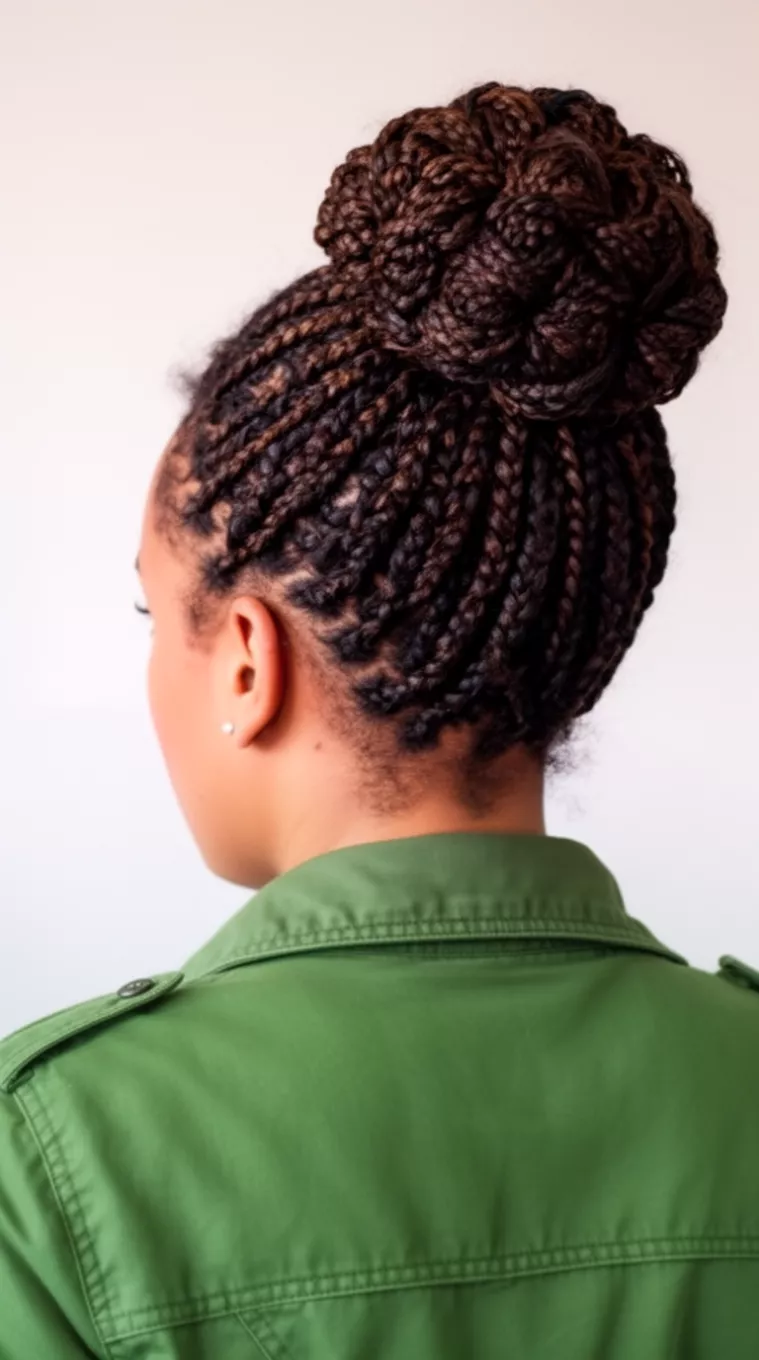casual close-up photo of a 34-year-old woman wearing a green jacket with braids circling the head into a large, low, textured bun hairstyle, back view, minimal background