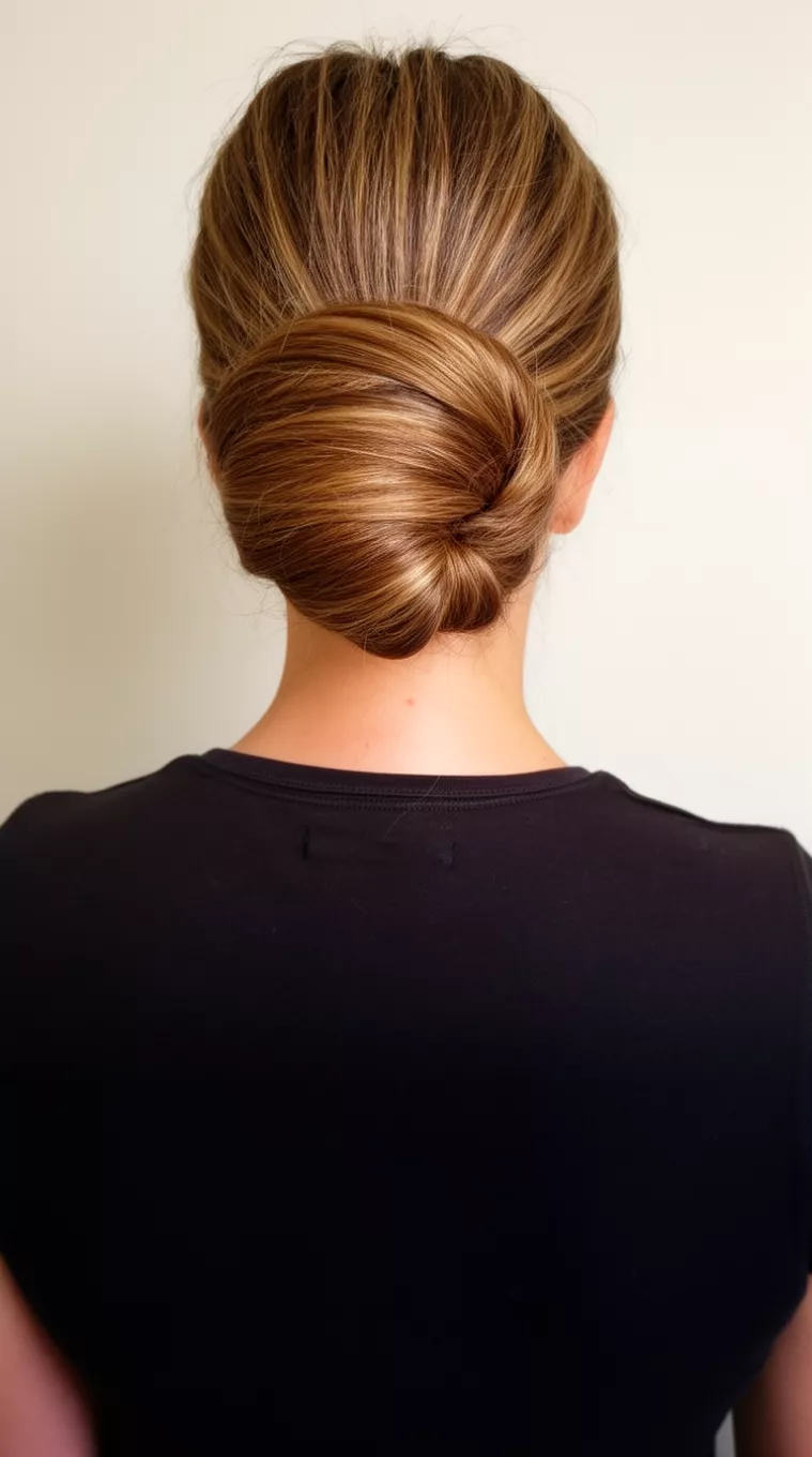 casual close-up photo of a 35-year-old woman wearing a black top with a very smooth, tightly wrapped, large, horizontal bun hairstyle, back view, minimal background