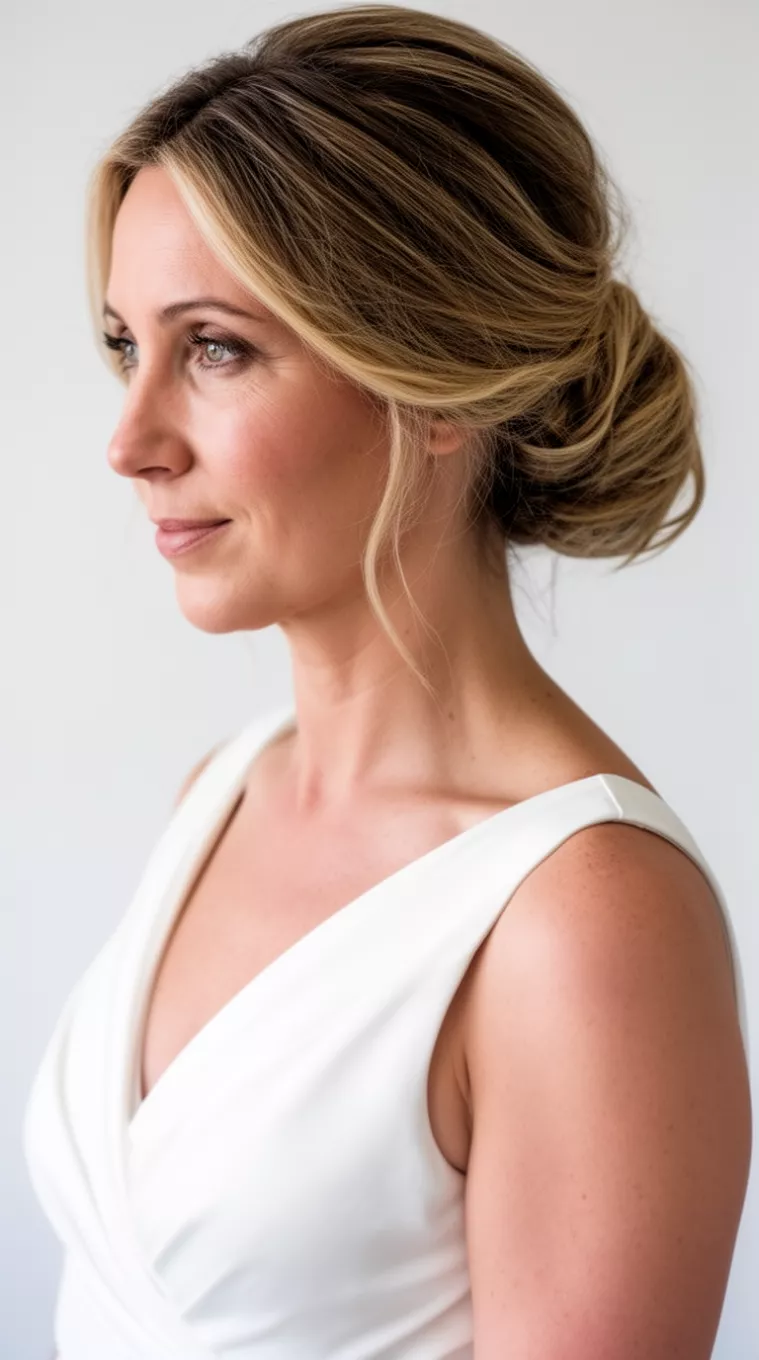 casual close-up photo of a 38-year-old woman wearing a white dress with a soft, low, swept-back bun hairstyle, side view, minimal background