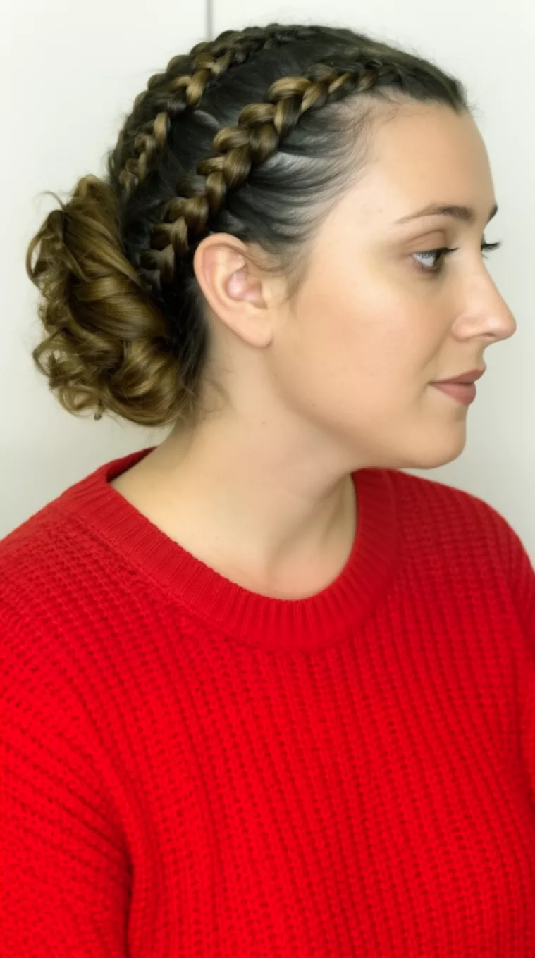 casual close-up photo of a 34-year-old woman wearing a red knit sweater with crown braids leading into a low, voluminous bun hairstyle, side view, minimal background