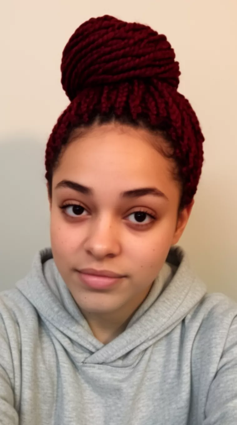 selfie of a 25-year-old woman wearing a grey hooded top with a high, twisted bun style using dyed dark red yarn extensions hairstyle, minimal background